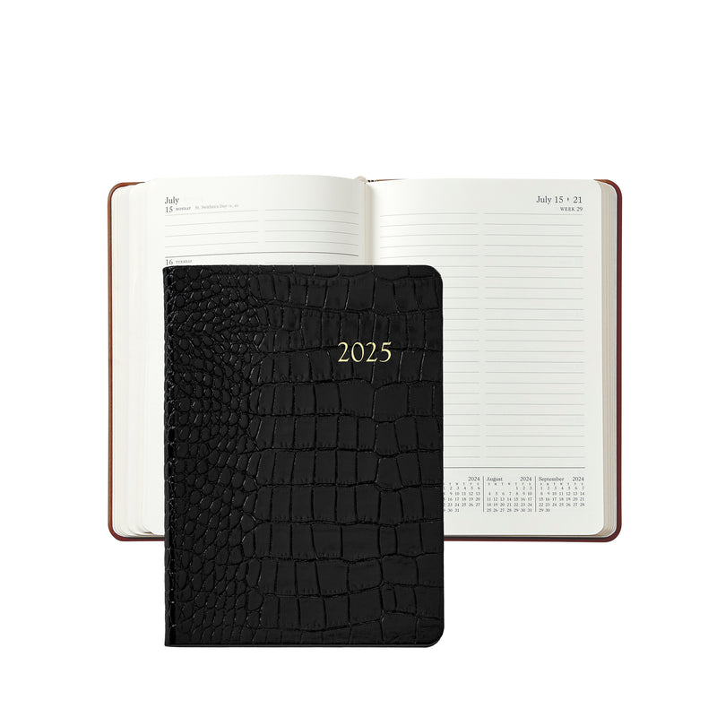 2025 Weekly Diary Black Crocodile Embossed Leather