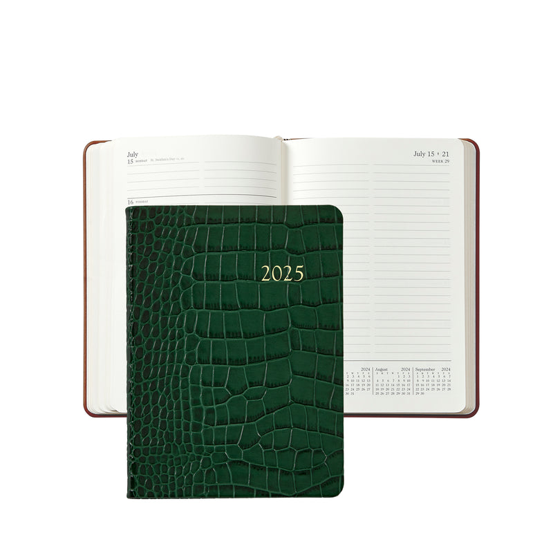 2025 Weekly Diary Emerald Green Crocodile Embossed Leather