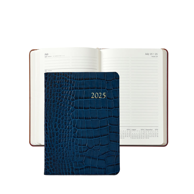 2025 Weekly Diary Sapphire Blue Crocodile Embossed Leather