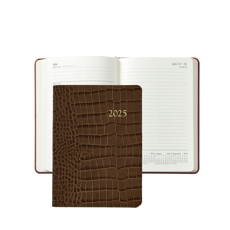 2025 Weekly Diary Brown Crocodile Embossed Leather