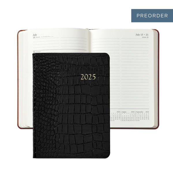 2025 Weekly Diary Black Crocodile Embossed Leather