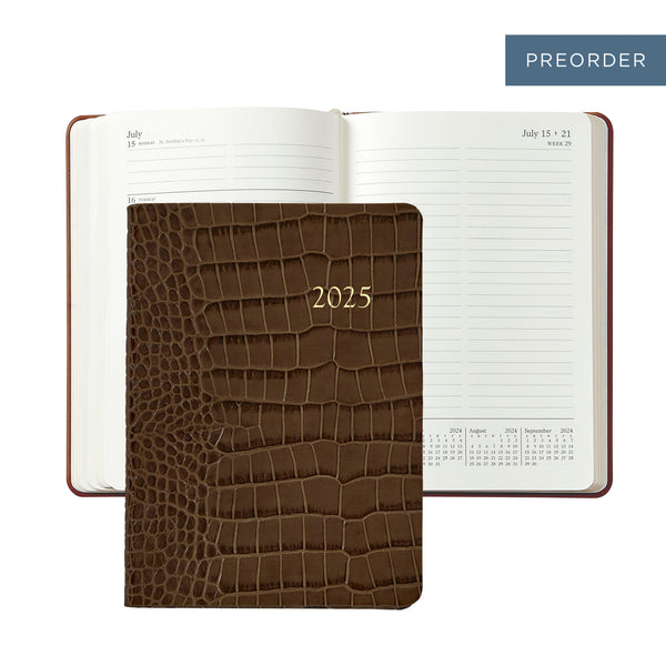 2025 Weekly Diary Brown Crocodile Embossed Leather